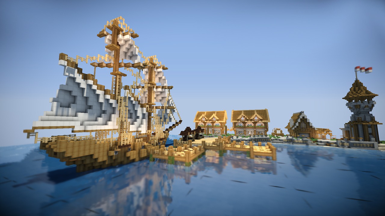 マイクラのブロックで作られた船と村